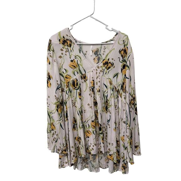 Free People V-Neck Oversized Floral Print Tunic Top Blouse White Size Small - Picture 1 of 9